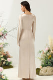 Champagne cuello V vestido de dama de honor largo con mangas