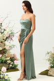Vestido de dama de honor largo de eucalipto sin tirantes con hendidura
