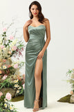 Vestido de dama de honor largo de eucalipto sin tirantes con hendidura