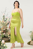 Vaina Espagueti Correas Limón Verde Plus Size Vestido de invitado de boda con limo