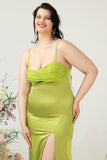 Vaina Espagueti Correas Limón Verde Plus Size Vestido de invitado de boda con limo