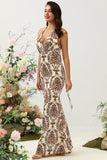 Sirena estampada marrón vestido de honor largo