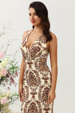 Sirena estampada marrón vestido de honor largo