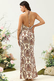 Sirena estampada marrón vestido de honor largo