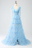 Vestido de fiesta escalonado azul claro con escote en V de línea A