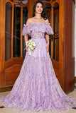 Precioso Un Vestido De Fiesta Largo Floral Lila De Hombro Con Volantes