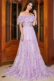 Precioso Un Vestido De Fiesta Largo Floral Lila De Hombro Con Volantes