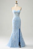 Vestido de fiesta con apliques de corsé de novia de sirena azul claro con abertura lateral