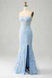 Vestido de fiesta con apliques de corsé de novia de sirena azul claro con abertura lateral