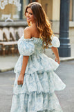 Vestido de fiesta largo largo floral azul claro con cuello cuadrado y volantes