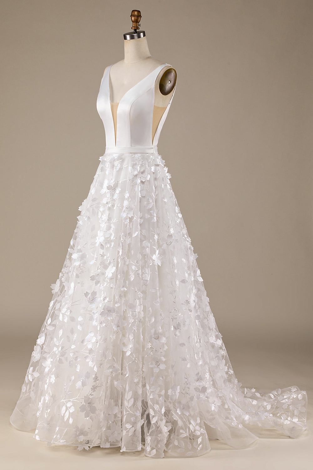 Vestido de novia marfil A-Line V-Neck con flores 3D