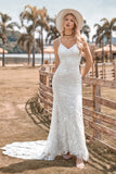 Encantadora sirena Spaghetti Straps Encaje Ivory Vestido de novia con Sweep Train