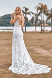 Encantadora sirena Spaghetti Straps Encaje Ivory Vestido de novia con Sweep Train