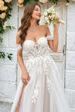 Belleza Una línea fuera del hombro Champagne Tul Vestido de novia desmontable con encaje