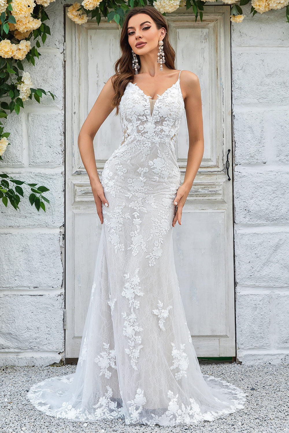 Vestido de novia largo de encaje de sirena marfil