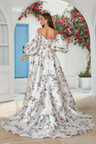 Vestido de novia de tren de satén floral marfil