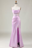 Sirena Spaghetti Straps Lila Vestido de Dama de Honor Larga con Slit