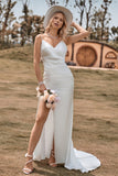 Ivory Boho satén simple sirena vestido de novia con hendidura
