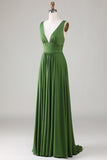 Olive Deep V-neck sin mangas vestido de dama de honor largo
