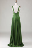 Olive Deep V-neck sin mangas vestido de dama de honor largo