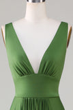 Olive Deep V-neck sin mangas vestido de dama de honor largo