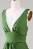 Olive Deep V-neck sin mangas vestido de dama de honor largo