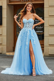 Vestido de fiesta largo corsé largo azul cielo con tirantes de espagueti de tul de línea A con apliques