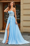 Vestido de fiesta largo corsé largo azul cielo con tirantes de espagueti de tul de línea A con apliques