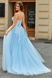 Vestido de fiesta largo corsé largo azul cielo con tirantes de espagueti de tul de línea A con apliques