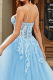 Vestido de fiesta largo corsé largo azul cielo con tirantes de espagueti de tul de línea A con apliques