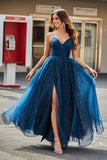 Vestidos de fiesta de tul largo con cuentas con escote en V de línea azul marino con pliegues