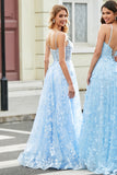 Magnífico vestido de fiesta con corsé azul cielo con correas de espagueti de una línea con apliques