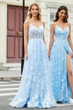 Magnífico vestido de fiesta con corsé azul cielo con correas de espagueti de una línea con apliques