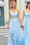 Magnífico vestido de fiesta con corsé azul cielo con correas de espagueti de una línea con apliques