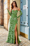 Vestido largo de fiesta de tirantes finos con estampado floral de sirena verde oliva con abertura