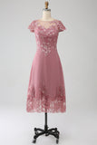 Dusty Rose A-Line Scoop Illusion Tea Length Madre De La Novia Vestido Con Lentejuelas