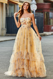 Vestido de fiesta largo largo con niveles de tul plisado halter de línea A amarillo con bordados
