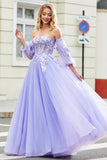 Precioso A Línea De Hombros Lavanda Corsé Vestido De Fiesta Con Apliques
