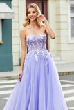 Precioso A Línea De Hombros Lavanda Corsé Vestido De Fiesta Con Apliques