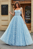 Tirantes de espagueti Vestido de fiesta con corsé azul cielo con flores