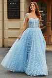 Tirantes de espagueti Vestido de fiesta con corsé azul cielo con flores