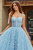 Tirantes de espagueti Vestido de fiesta con corsé azul cielo con flores