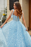 Tirantes de espagueti Vestido de fiesta con corsé azul cielo con flores