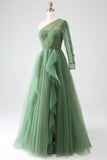 Vestido de fiesta largo de un solo hombro de un hombro verde oscuro con mangas largas