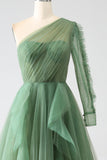 Vestido de fiesta largo de un solo hombro de un hombro verde oscuro con mangas largas