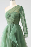Vestido de fiesta largo de un solo hombro de un hombro verde oscuro con mangas largas