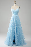Azul Cielo A Línea Tirantes De Espagueti Vestido De Fiesta De Cuentas Brillantes Con Mariposas 3D