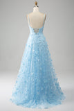 Azul Cielo A Línea Tirantes De Espagueti Vestido De Fiesta De Cuentas Brillantes Con Mariposas 3D