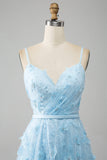 Azul Cielo A Línea Tirantes De Espagueti Vestido De Fiesta De Cuentas Brillantes Con Mariposas 3D