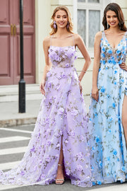 Magnífico vestido de fiesta largo lila de tirantes de espagueti de una línea con flores 3D